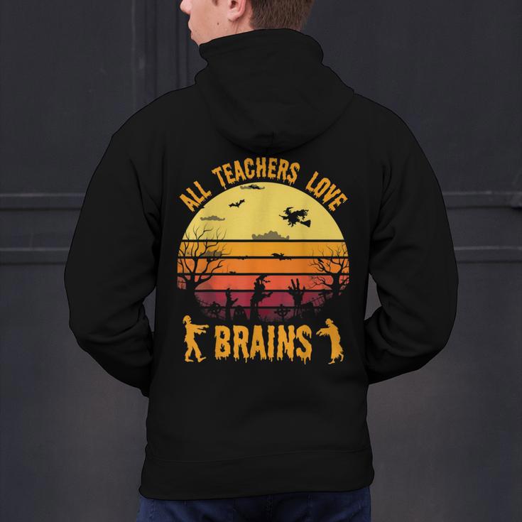 Halloween Costume Teacher Love Brains Zombie Men's Hoodie Back Print, gift for family, gift for coworker