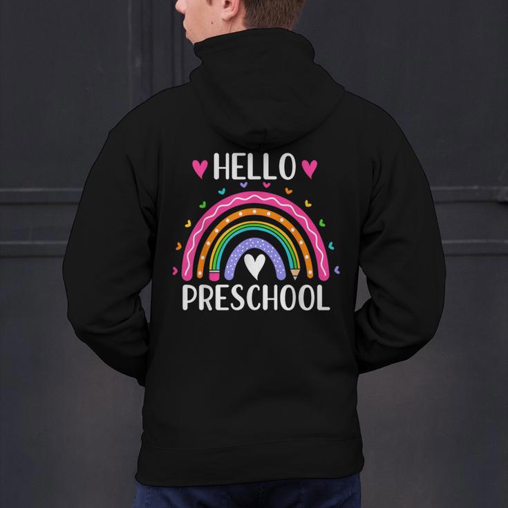 Hello Preschool Teacher Student Girls Rainbow Back To School Men's Hoodie Back Print, gift for family, gift for coworker Hello Preschool Teacher Student Girls Rainbow Back To School Men's Hoodie Back Print, gift for family, gift for coworker