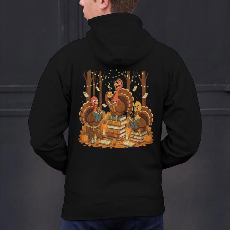 Librarian Turkey Reading Book Fall Thanksgiving Teacher Men's Hoodie Back Print, gift for family, gift for coworker