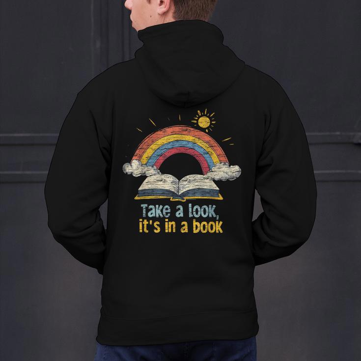 Take a Look It's In a Book Vintage Reading Teacher Rainbow Men's Hoodie Back Print, gift for family, gift for coworker