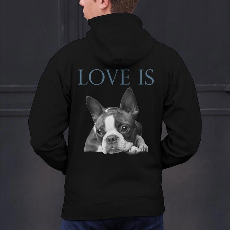 Love Is Boston Terrier Bostie Men's Hoodie Back Print, gift for family, gift for coworker