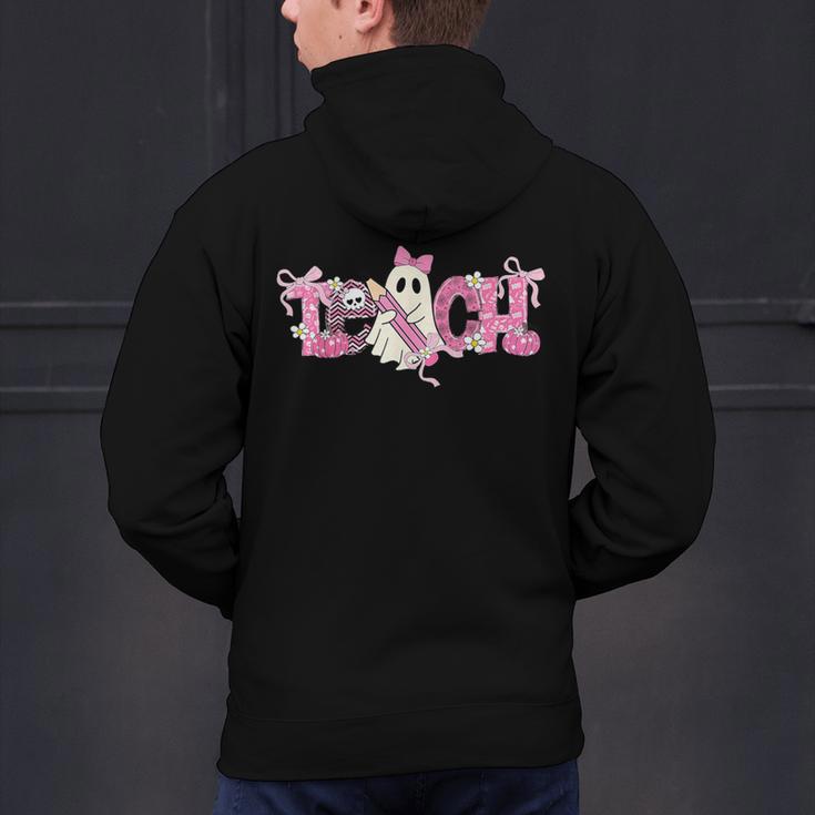 Pink Ghost Teach Halloween Teacher In Spooky Season Men's Hoodie Back Print, gift for family, gift for coworker