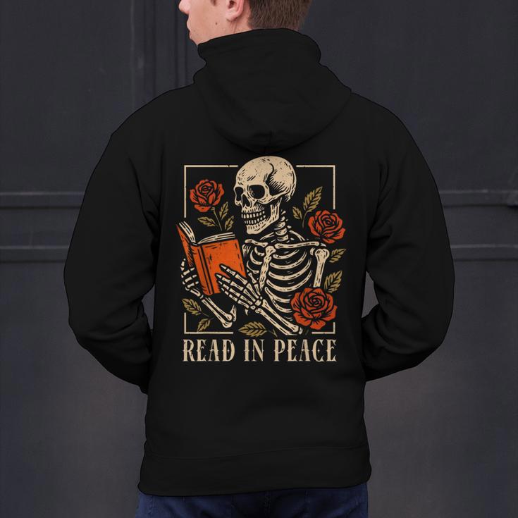Read In Peace Skeleton Reading Book Halloween Teacher Men's Hoodie Back Print, gift for family, gift for coworker