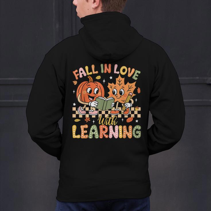 Retro Fall In Love With Learning Autumn Pumpkin Teacher Kids Men's Hoodie Back Print, gift for family, gift for coworker