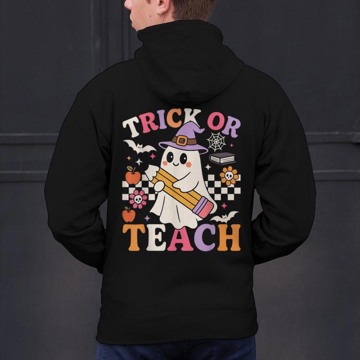Retro Floral Ghost Trick Or Teach Groovy Teacher Halloween Men's Hoodie Back Print, Groovy Teacher Hoodies, gift for family, gift for coworker