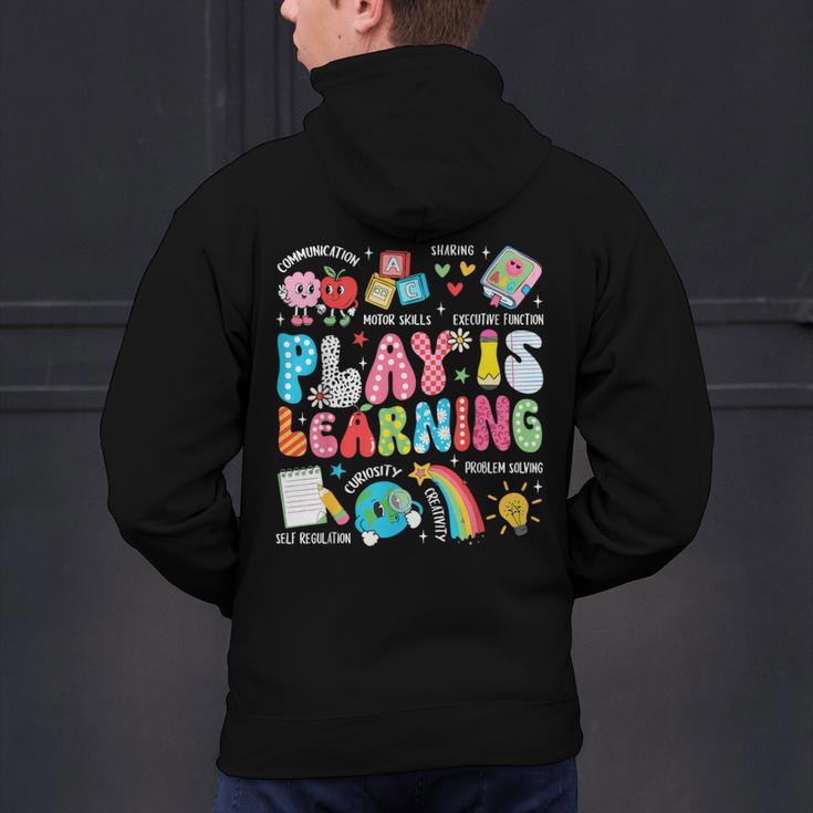 Retro Play Is Learning Kindergarten Teacher Team Women Men's Hoodie Back Print, gift for family, gift for coworker Retro Play Is Learning Kindergarten Teacher Team Women Men's Hoodie Back Print, gift for family, gift for coworker
