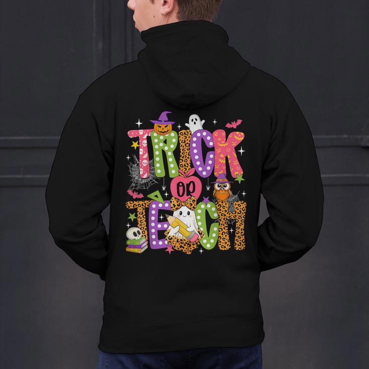 Retro Trick Or Teach Leopard Ghost Halloween Spooky Teacher Men's Hoodie Back Print, gift for family, gift for coworker