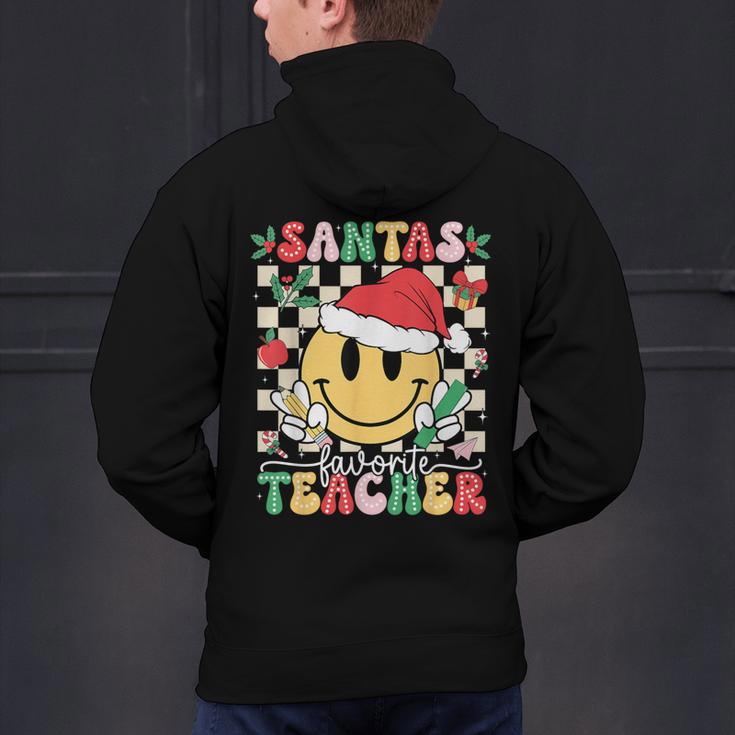 Santas Favorite Teacher Retro Groovy Smile Face Christmas Men's Hoodie Back Print, Groovy Teacher Hoodies, gift for family, gift for coworker