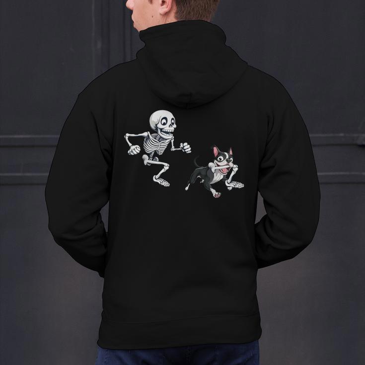 Skeleton Chasing Dog Boston Terrier Halloween Pet Lover Men's Hoodie Back Print, Boston Terrier Halloween Hoodies, gift for family, gift for coworker