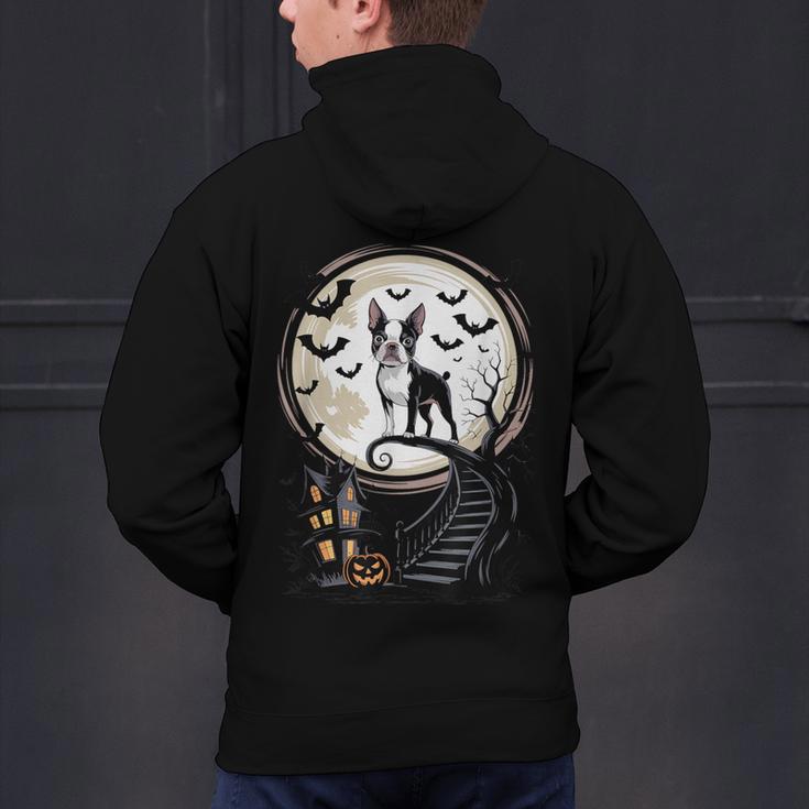 Spooky Halloween Moon Boston Terrier Boston Bull Bostie Men's Hoodie Back Print, Boston Terrier Halloween Hoodies, gift for family, gift for coworker