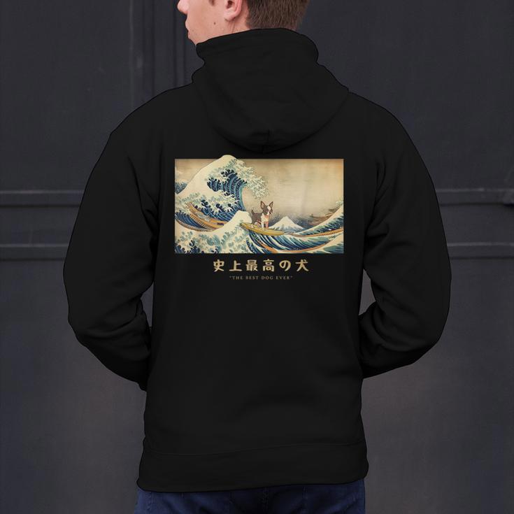 Surfing Boston Terrier Kanagawa Wave Japanese Dog For Men Women Kids Men's Hoodie Back Print, gift for family, gift for coworker
