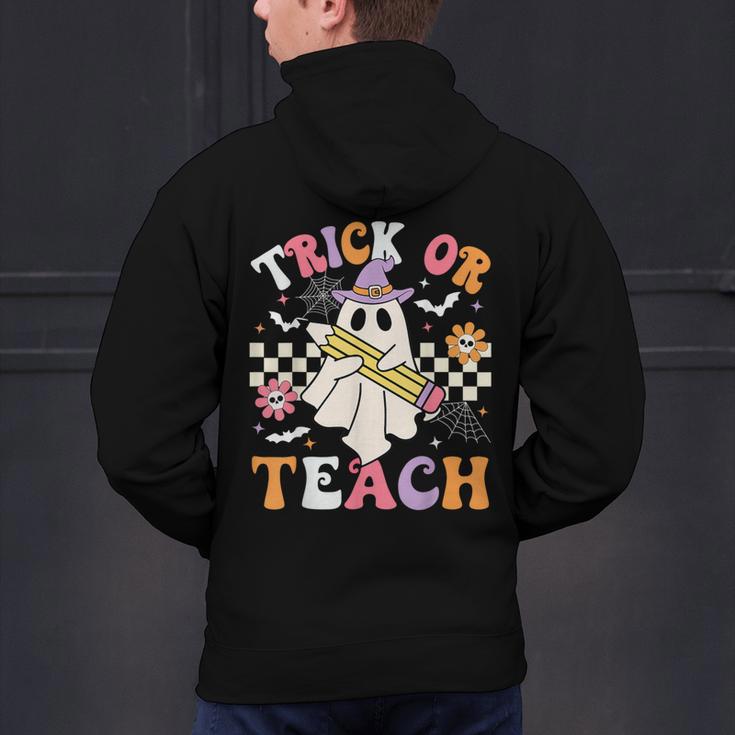 Trick Or Teach Groovy Teacher Halloween Retro Teacher Ghost Men's Hoodie Back Print, Groovy Teacher Hoodies, gift for family, gift for coworker