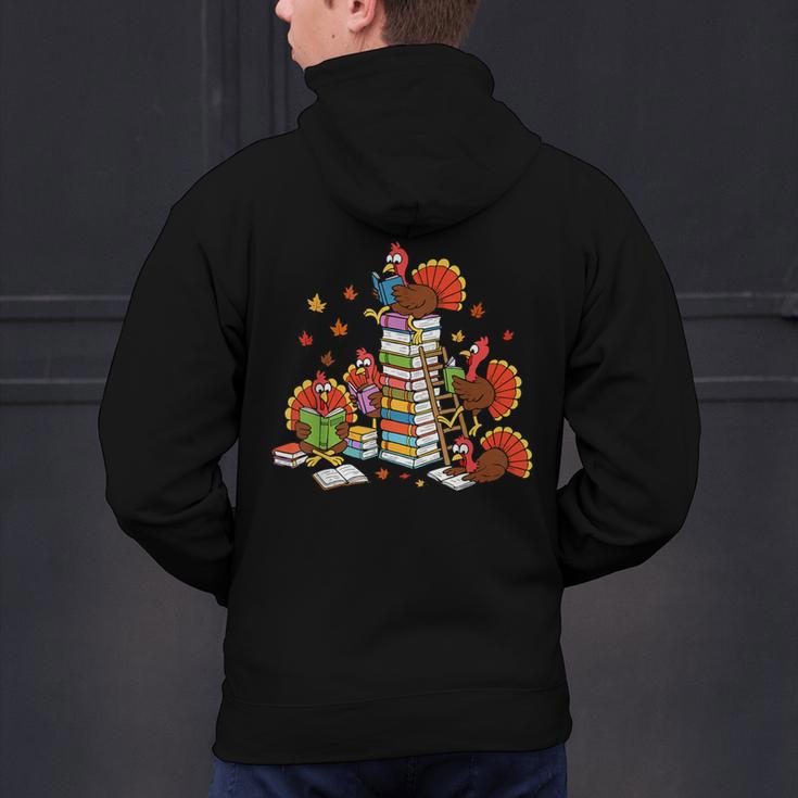 Turkey Reading Books Fall Thanksgiving Teacher Librarian Men's Hoodie Back Print, gift for family, gift for coworker