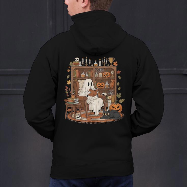 Vintage Ghost Book Reading Pumpkin Gothic Halloween Teachers Men's Hoodie Back Print, gift for family, gift for coworker