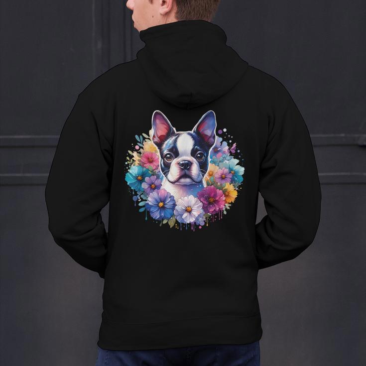 Watercolor Floral Boston Terrier Mama Dog Lover Mother's Day Men's Hoodie Back Print, gift for family, gift for coworker