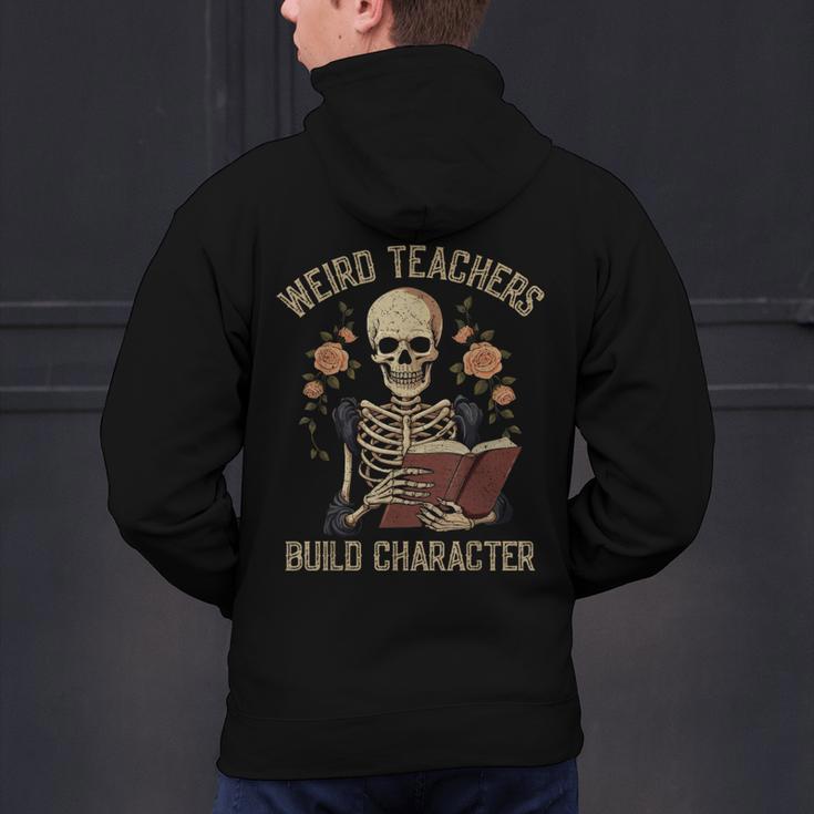 Weird Teachers Build Character Skeleton Book Halloween Women Men's Hoodie Back Print, gift for family, gift for coworker