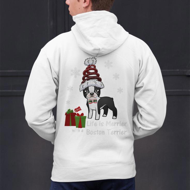 Boston Terrier Christmas T Shirt-Life Is Merrier Premium Tri-Blend Men's Hoodie Back Print, Boston Terrier Christmas Hoodies, gift for family, gift for coworker