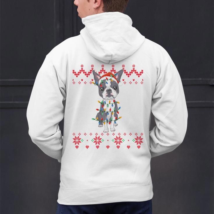 Boston Terrier Dog Santa Hat Men Kids Ugly Christmas Light Men's Hoodie Back Print, Boston Terrier Christmas Hoodies, gift for family, gift for coworker