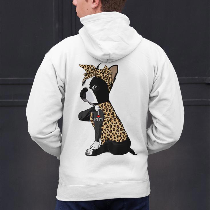 Boston Terrier Lover I Love Mom Tattoo Leopard Men's Hoodie Back Print, Boston Terrier Mom Hoodies, gift for family, gift for coworker