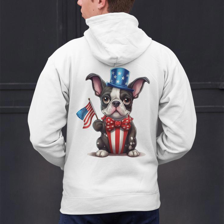 Boston Terrier Puppy Dog Holds His American Flag 4th Of July Men's Hoodie Back Print, American Boston Terrier Hoodies, Boston Terrier 4th Of July Hoodies, gift for family, gift for coworker