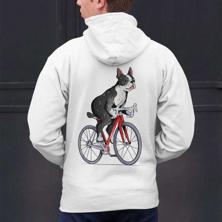 Boston Terrier Riding Bicycle Cute Bostie Biker Raglan Baseball Tee Men's Hoodie Back Print, Boston Terrier Riding Hoodies, gift for family, gift for coworker