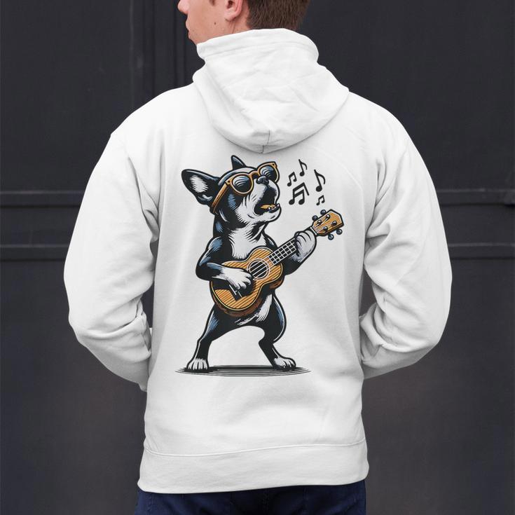 Dog Playing Guitar Singing Boston Terrier For Men Women Girls Kids Men's Hoodie Back Print, gift for family, gift for coworker