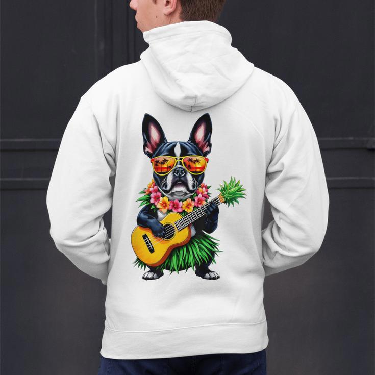 Hawaiian Boston Terrier & Pineapple Ukulele Summer Vacation Men's Hoodie Back Print, gift for family, gift for coworker