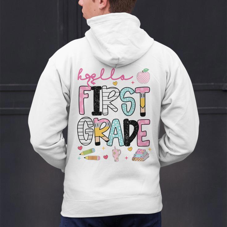 Hello First Grade Teacher Coquette Pencil Bow Back To School Men's Hoodie Back Print, First Grade Teacher Hoodies, gift for family, gift for coworker Hello First Grade Teacher Coquette Pencil Bow Back To School Men's Hoodie Back Print, First Grade Teacher Hoodies, gift for family, gift for coworker