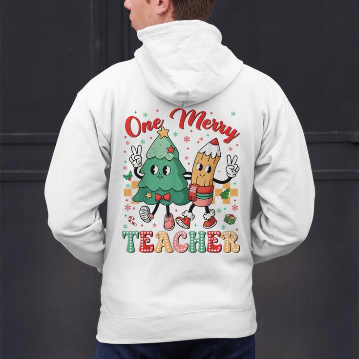 One Merry Teacher Groovy Christmas Tree Pjs Xmas Teacher Men's Hoodie Back Print, Groovy Teacher Hoodies, gift for family, gift for coworker