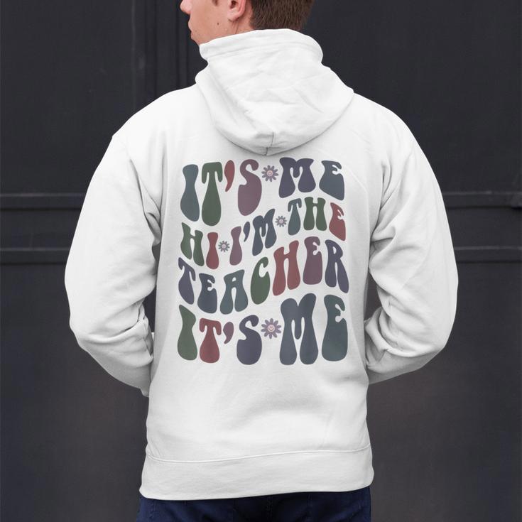 Retro IT'S ME Hi I'm The TEACHER Groovy Testing Squad Pink Men's Hoodie Back Print, Groovy Teacher Hoodies, gift for family, gift for coworker