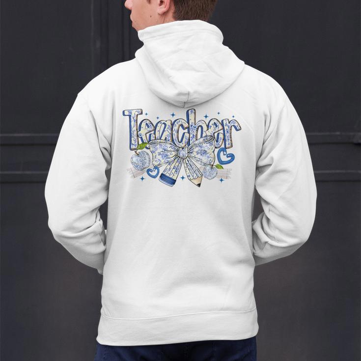 Teacher Blue Chinoiserie Coquette Bow Heart Teacher Life Men's Hoodie Back Print, gift for family, gift for coworker