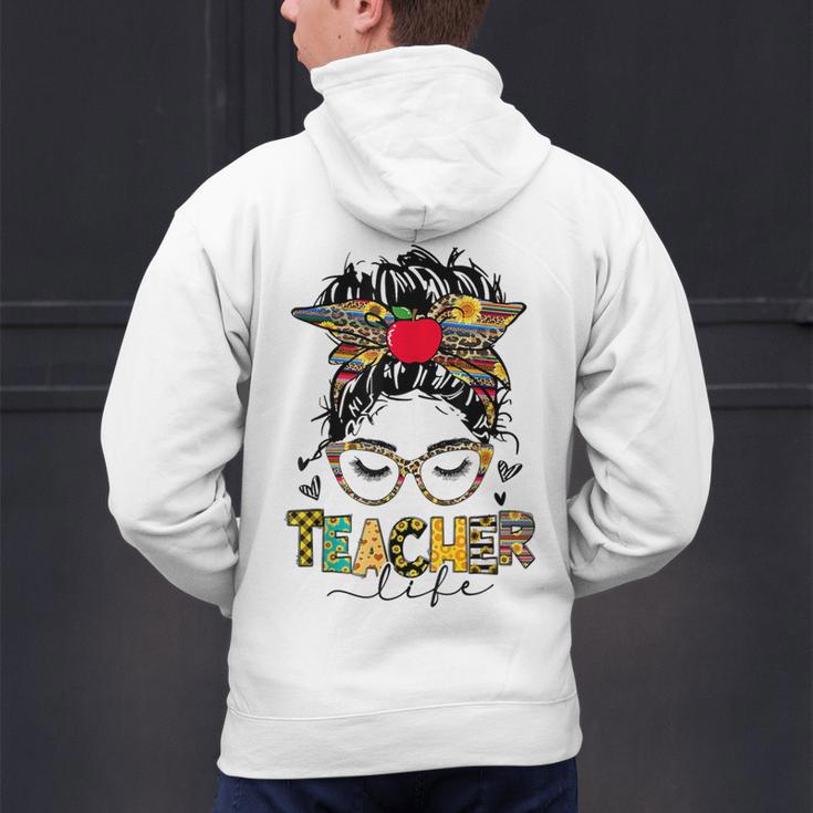 Teacher Life Messy Bun Glasses Leopard Sunflower Men's Hoodie Back Print, gift for family, gift for coworker