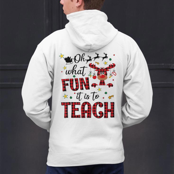 Teachers Oh What Fun It Is To Teach Cute Red Plaid Reindeer Men's Hoodie Back Print, gift for family, gift for coworker