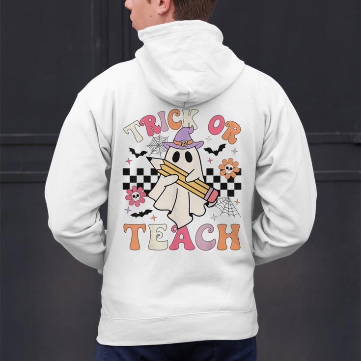 Trick Or Teach Groovy Teacher Halloween Retro Floral Ghost Men's Hoodie Back Print, Groovy Teacher Hoodies, gift for family, gift for coworker