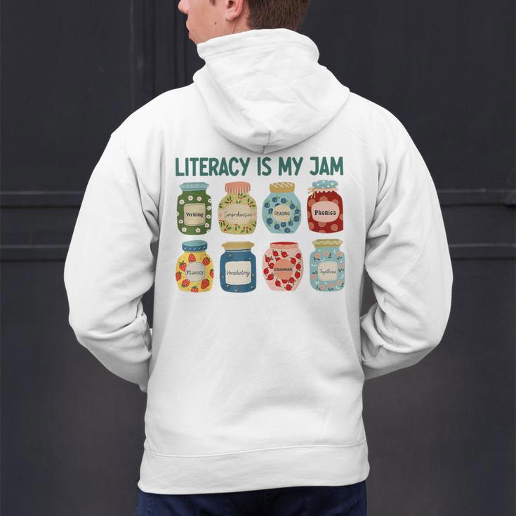 Women Literacy Is My Jam Literacy Teacher Reading Teacher Men's Hoodie Back Print, gift for family, gift for coworker