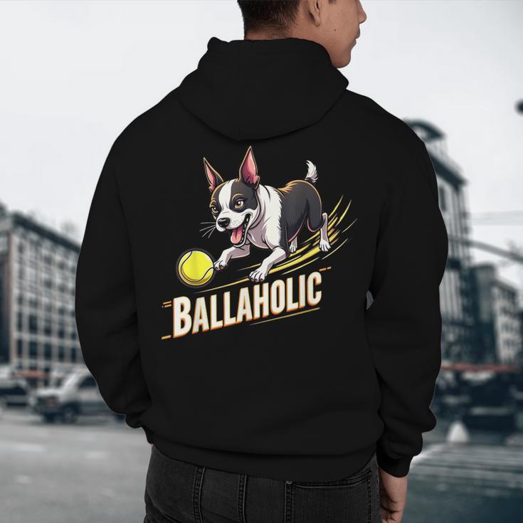 Ballaholic Boston Terrier Dog Chasing Bostie Ball Men's Hoodie Back Print, novelty gifts, funny gifts