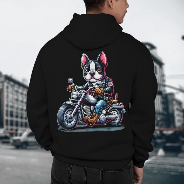 Biker Boston Terrier Dog Riding Motorbike Men's Hoodie Back Print, novelty gifts, funny gifts