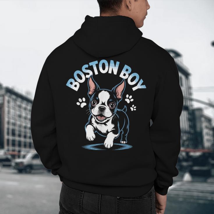 Boston Terrier Boy Cute Cartoon Dog Owner Pet Boston Terrier Men's Hoodie Back Print, novelty gifts, funny gifts