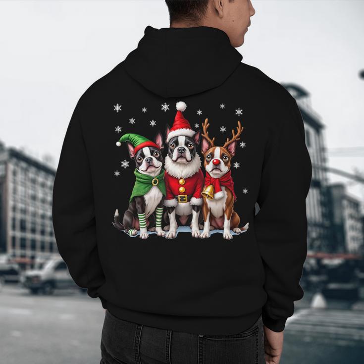 Boston Terrier Christmas Dogs Santa Reindeer Elf Men's Hoodie Back Print, novelty gifts, funny gifts