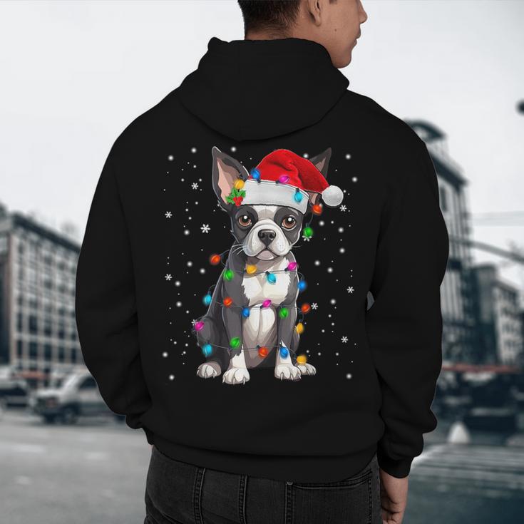 Boston Terrier Christmas Santa Hat Tree Lights Pajama Men's Hoodie Back Print, novelty gifts, funny gifts
