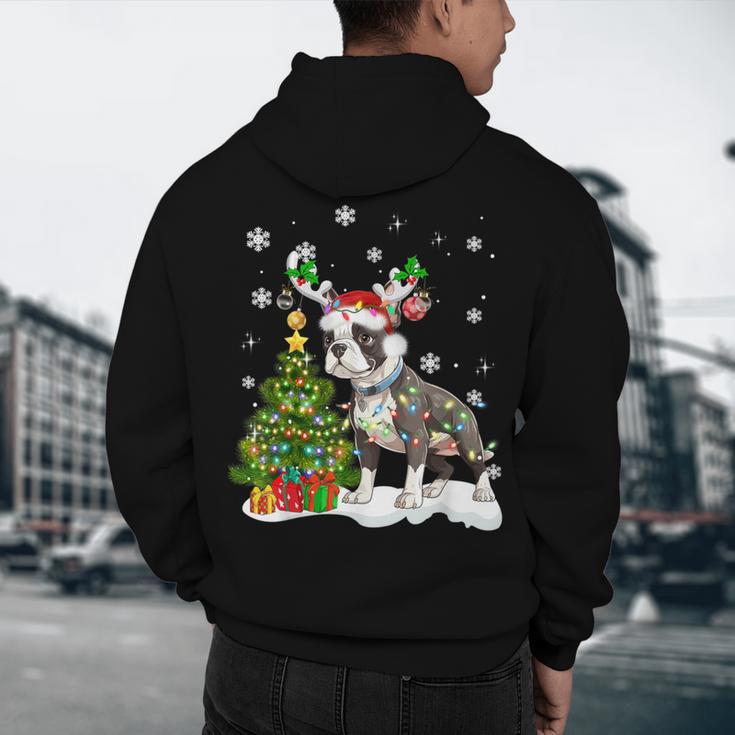 Boston Terrier Christmas Tree Lights Santa Hat Men's Hoodie Back Print, novelty gifts, funny gifts