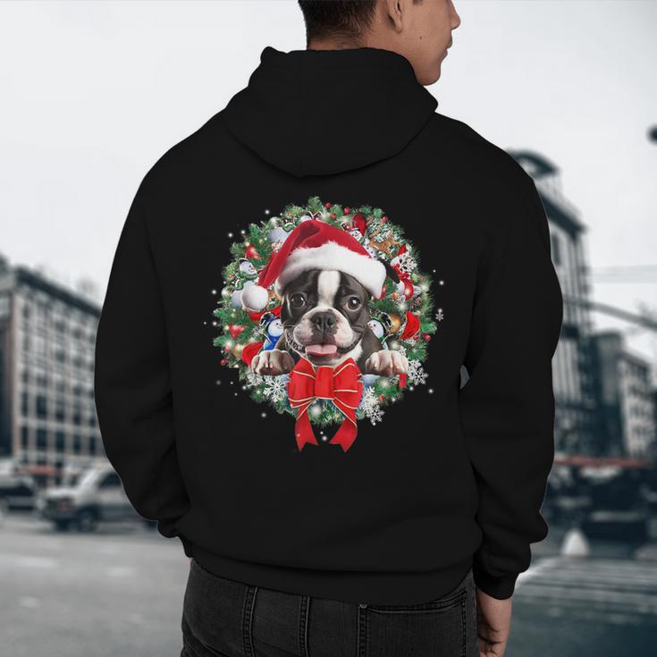 Boston Terrier Christmas Wreath Decoration Xmas Pajamas Men's Hoodie Back Print, novelty gifts, funny gifts