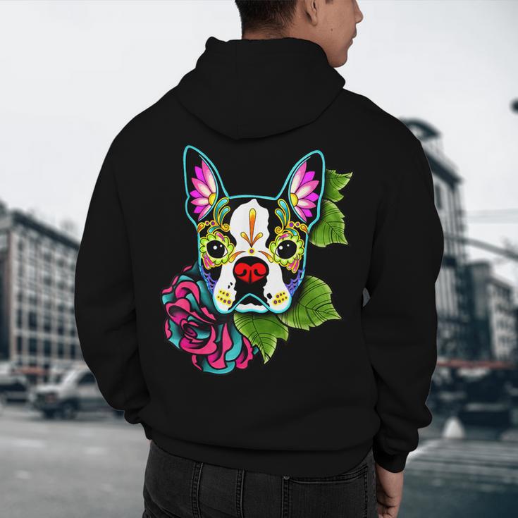 Boston Terrier In Day Of The Dead Sugar Skull Dog Men's Hoodie Back Print, novelty gifts, funny gifts