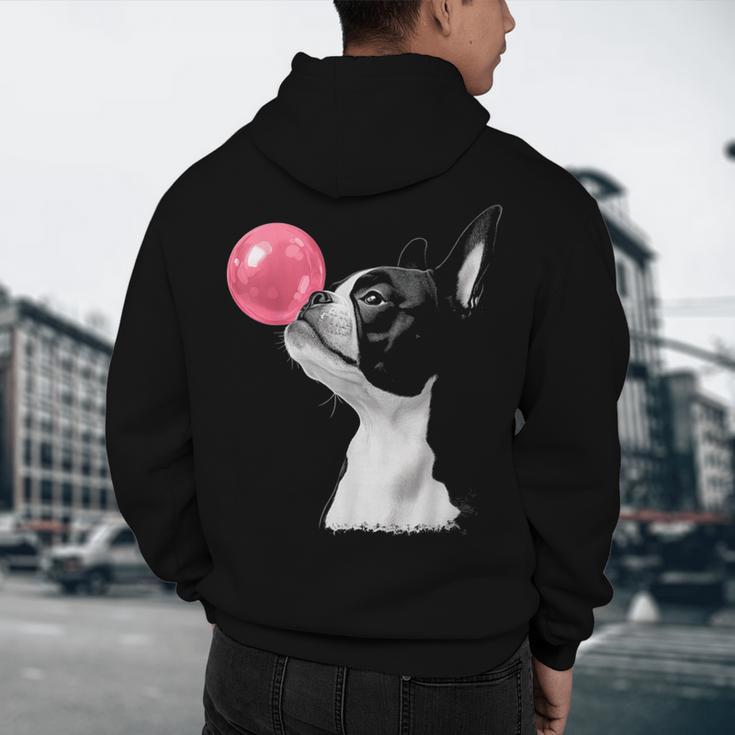 Boston Terrier Dog Blowing Chewing Bubble Gum Pink Men's Hoodie Back Print, novelty gifts, funny gifts