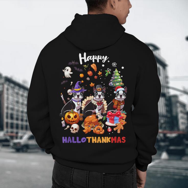 Boston Terrier Dog Christmas Happy Hallothankmas Halloween For Men Women Kids Men's Hoodie Back Print, novelty gifts, funny gifts
