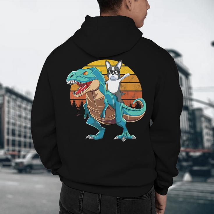 Boston Terrier Dog Riding Dinosaur T Rex Boys Men's Hoodie Back Print, novelty gifts, funny gifts