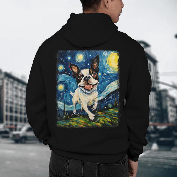 Boston Terrier Dog Starry Night Painting Men's Hoodie Back Print, novelty gifts, funny gifts