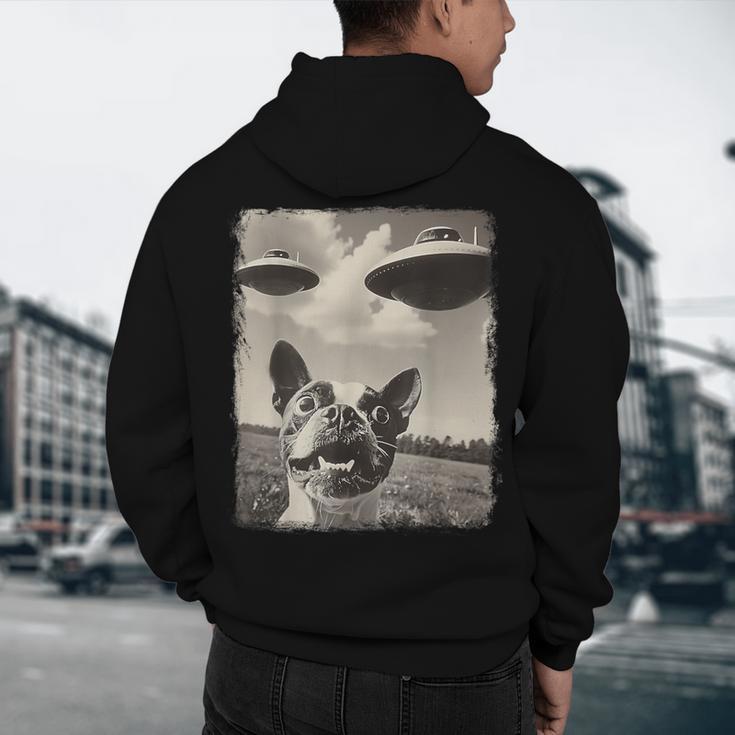 Boston Terrier Dog UFO Alien Extraterrestrial Selfie Men's Hoodie Back Print, novelty gifts, funny gifts
