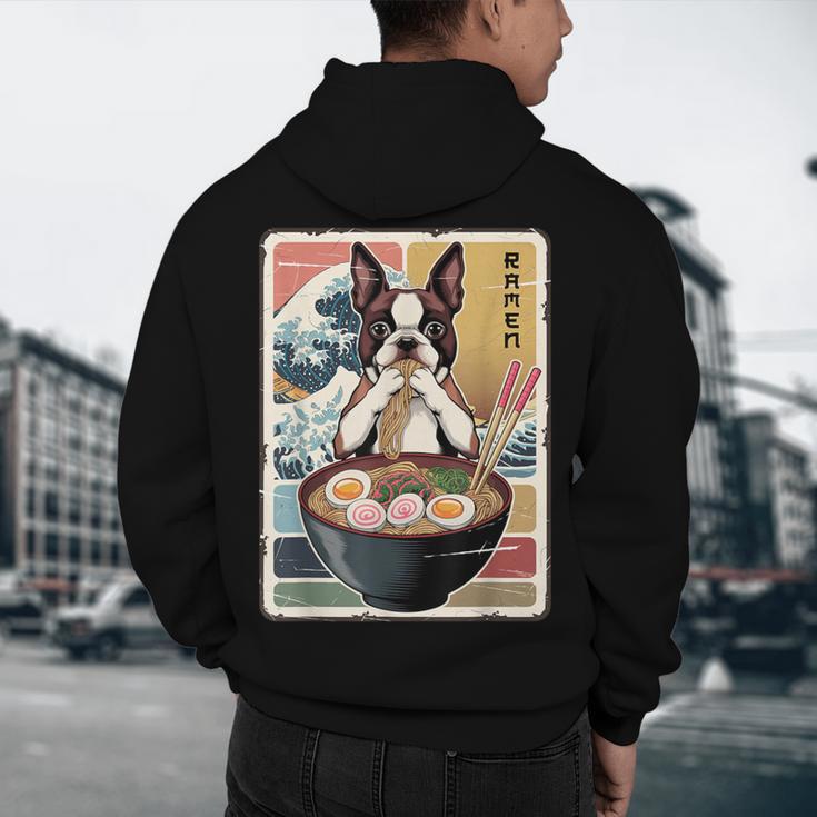 Boston Terrier Ramen Noodles Japanese Art Retro Ocean Waves Men's Hoodie Back Print, novelty gifts, funny gifts