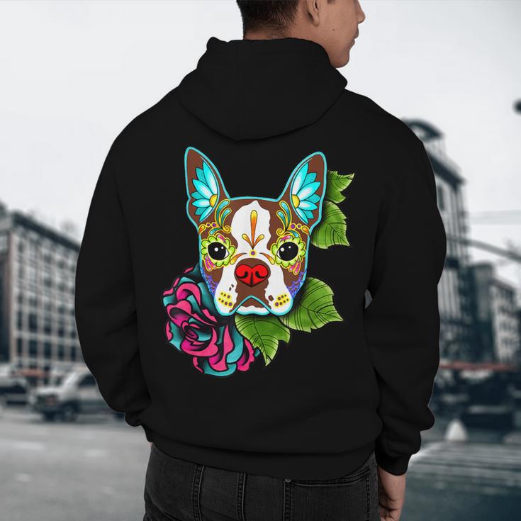 Boston Terrier In Red Day Of The Dead Sugar Skull Dog Men's Hoodie Back Print, novelty gifts, funny gifts